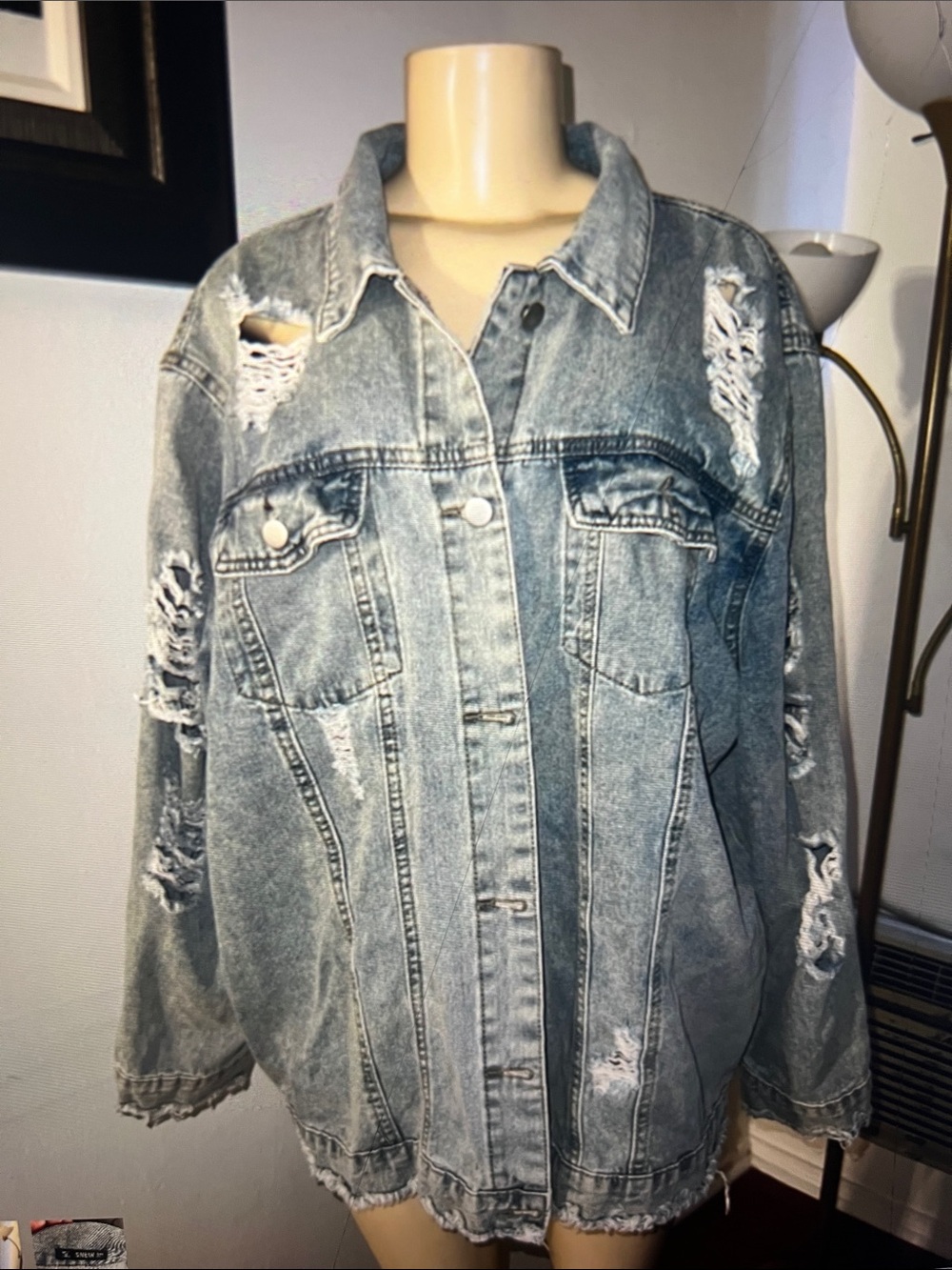 SHEIN Light Blue Distressed Oversized Denim Jacket